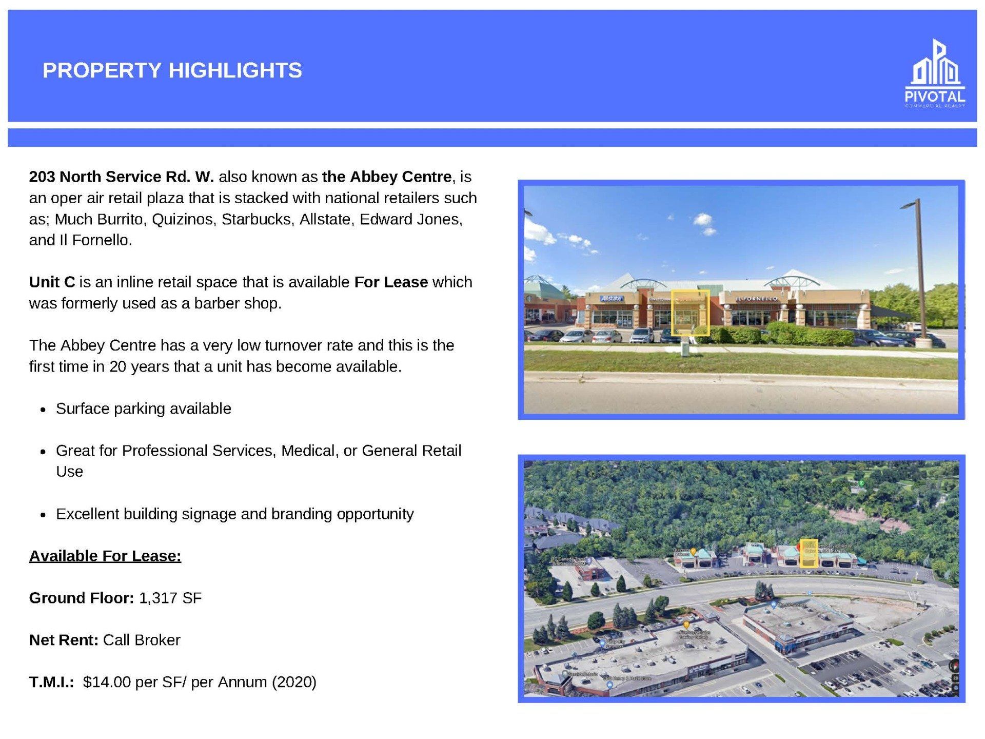Property highlights for Abbey Centre retail plaza, featuring photos of the building and listing lease availability.