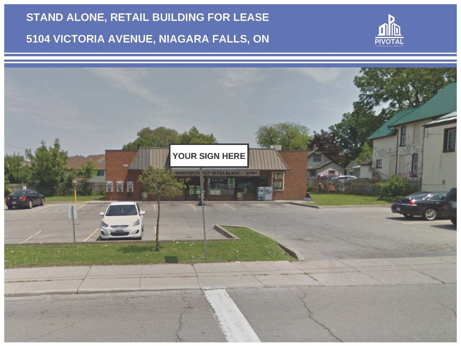 A stand-alone brick retail building for lease at 5104 Victoria Avenue in Niagara Falls, ON, with a parking lot in front.