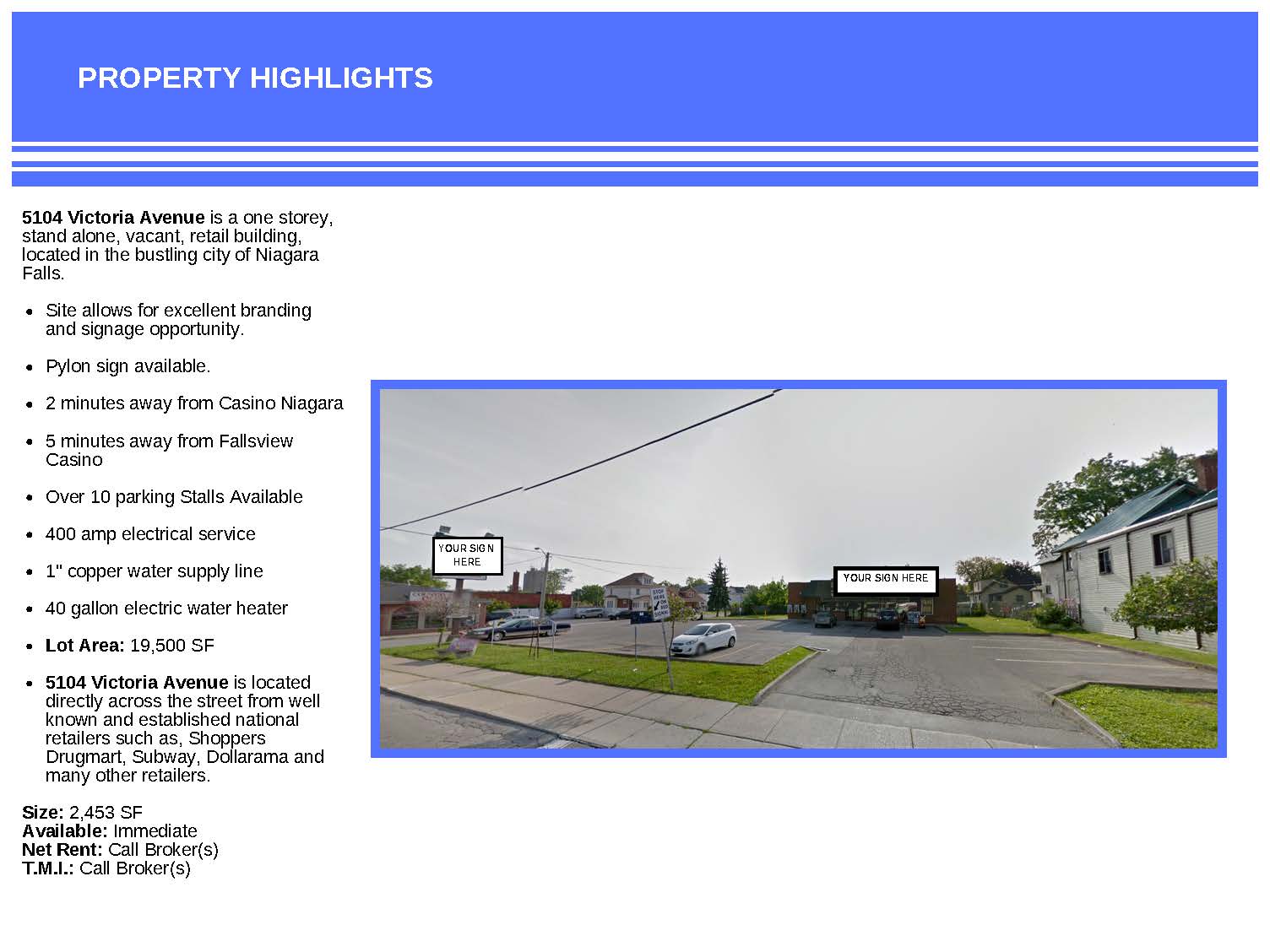 A flyer for 2110 Victoria Avenue listing property highlights next to an image of a paved, vacant commercial lot.