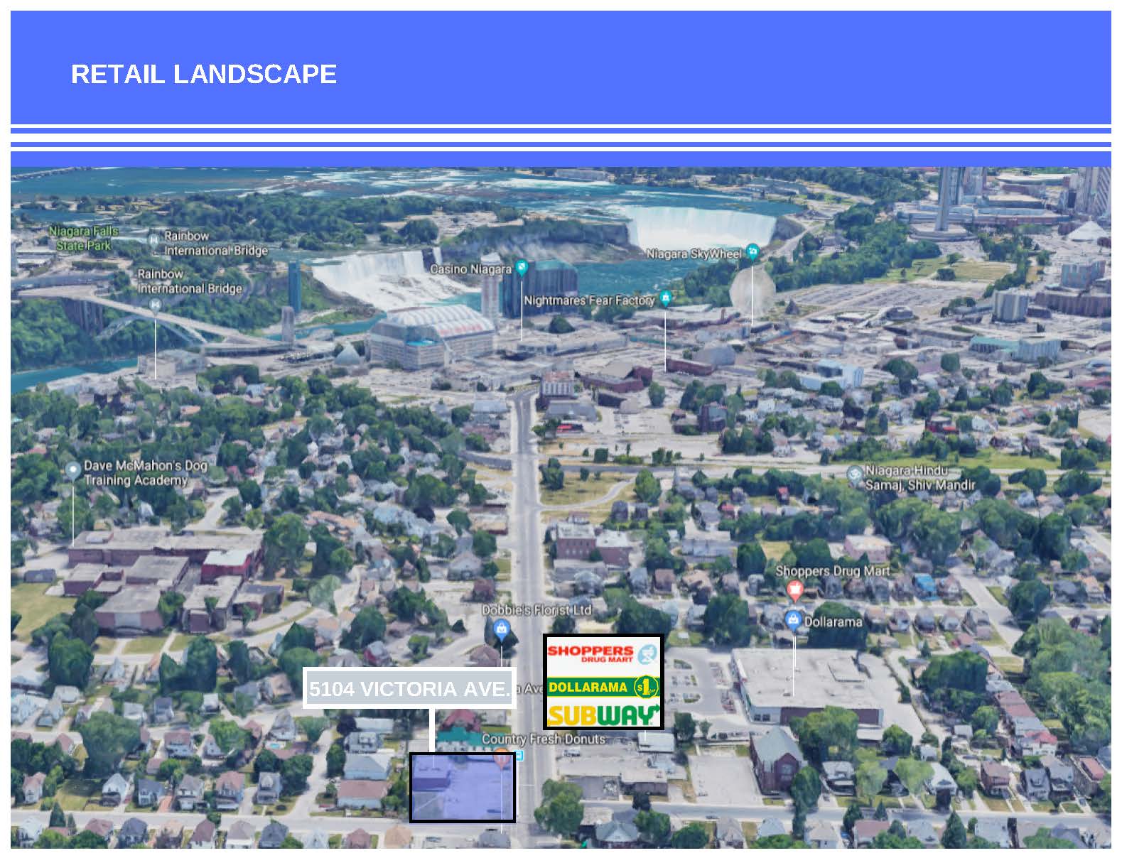Aerial view of a retail landscape along Victoria Avenue in Niagara Falls, highlighting specific business locations.
