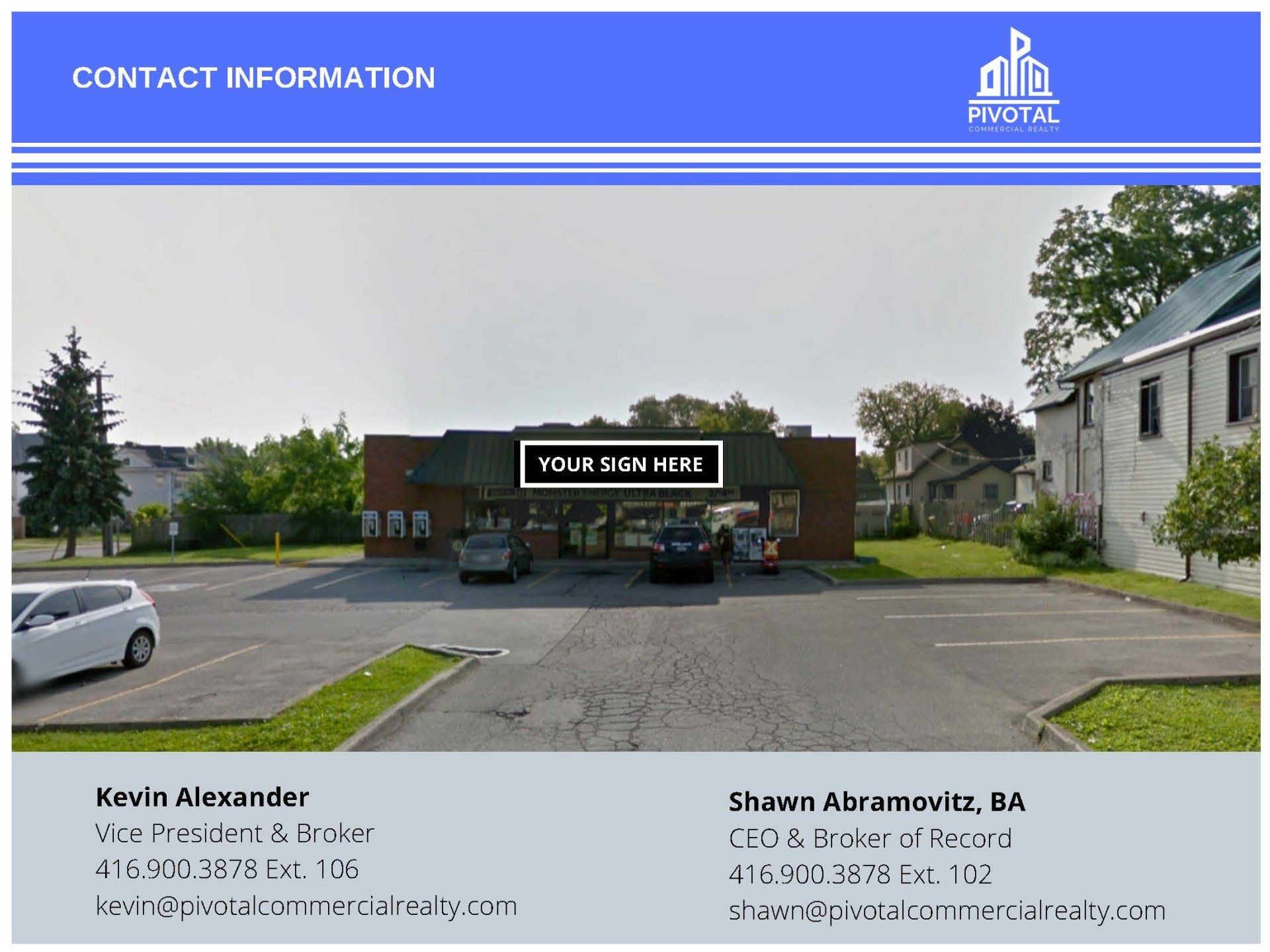 Contact information flyer for Pivotal Commercial Realty, featuring a building photo and contact details for two brokers.
