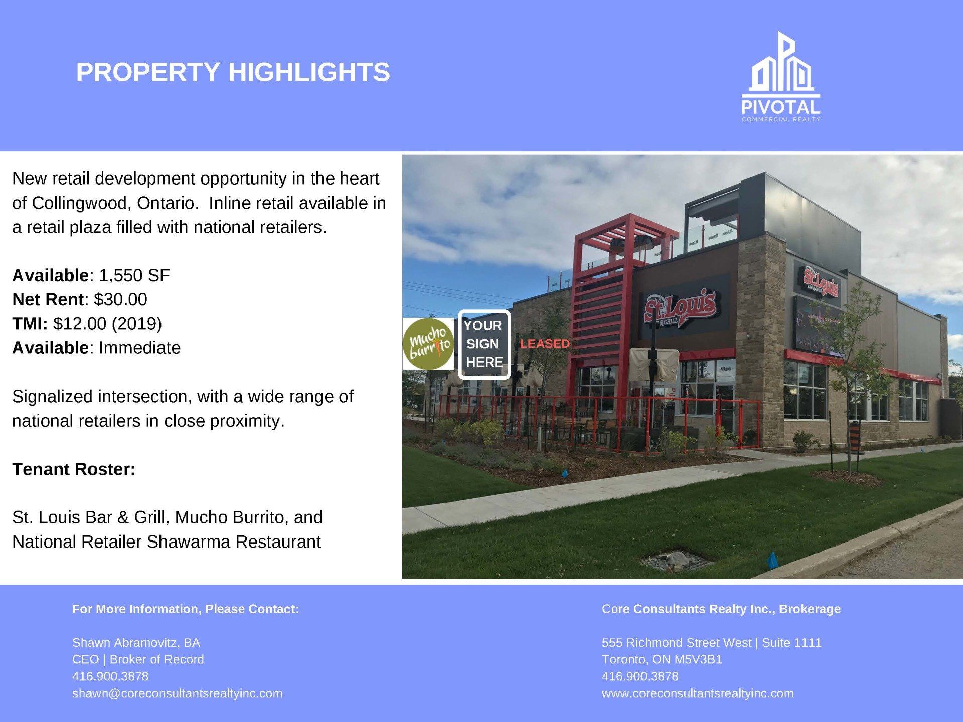 A commercial property listing in Collingwood with space details and a photo of a retail building featuring St. Louis.