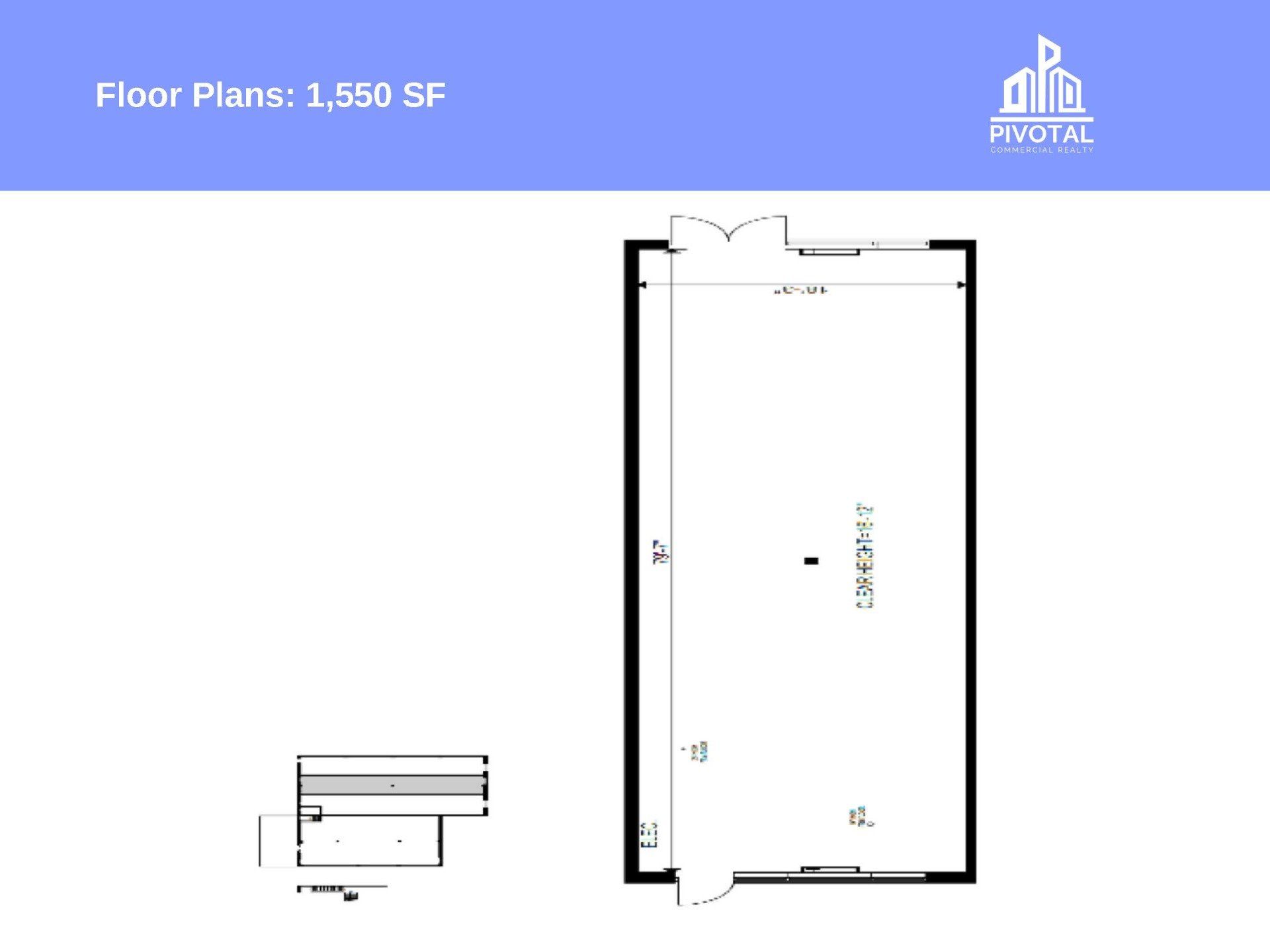 A floor plan for a 1,550 square foot space showing an rectangular room layout with dimensions and entry points.