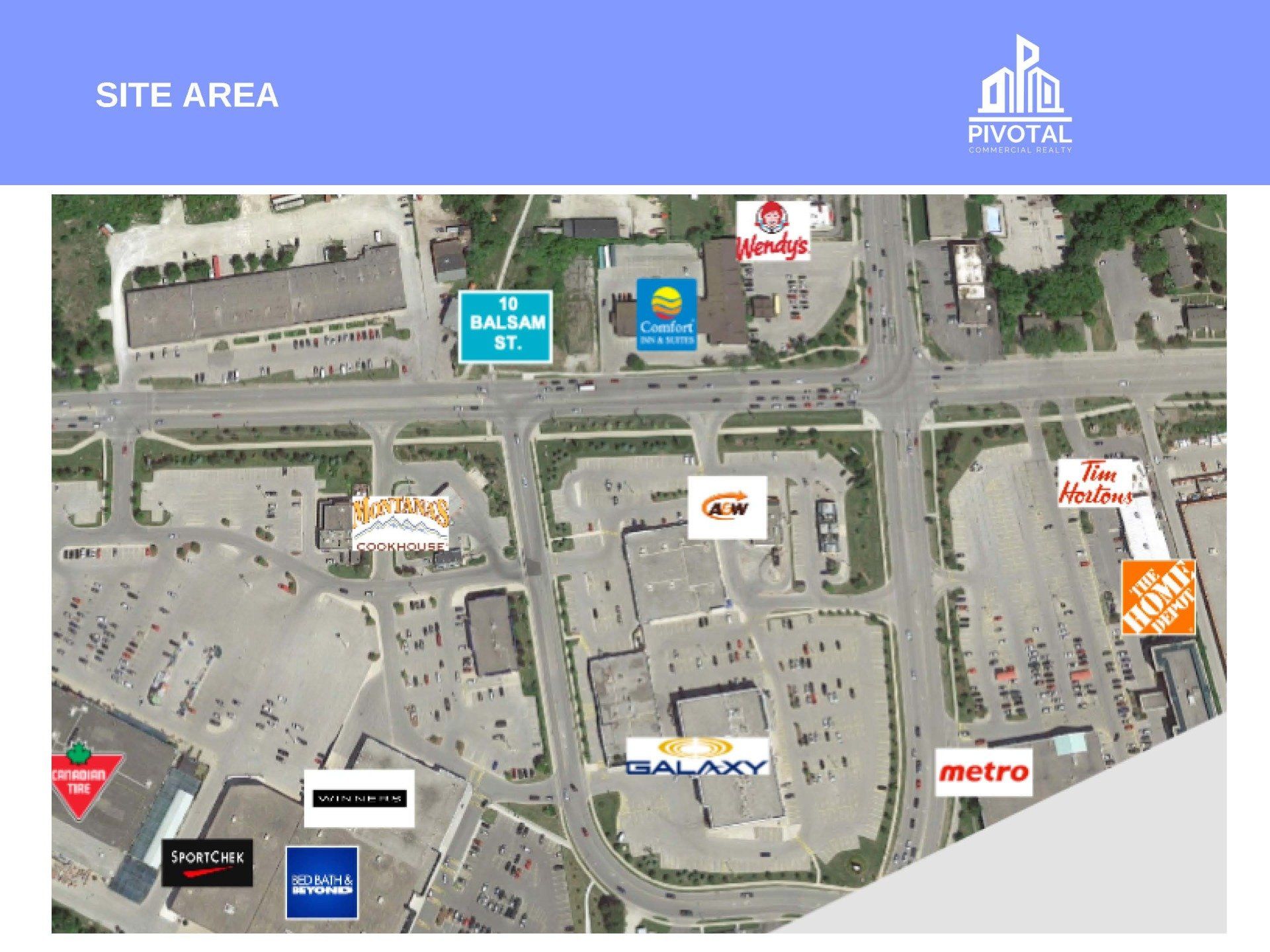 An aerial map showing the commercial site area of 10 Balsam Street, highlighting surrounding retail stores and businesses.