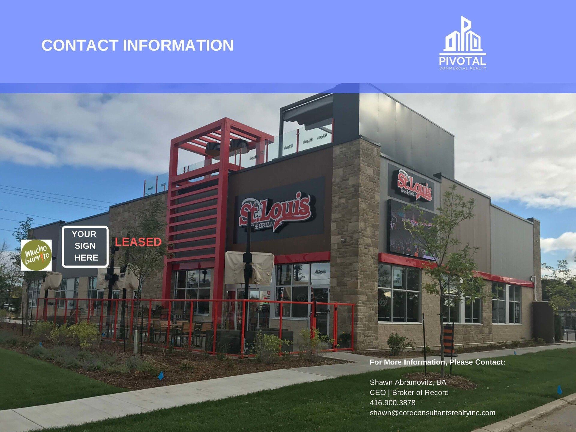 A modern, stone-accented retail building with a St. Louis Bar & Grill, under a blue header labeled Contact Information.