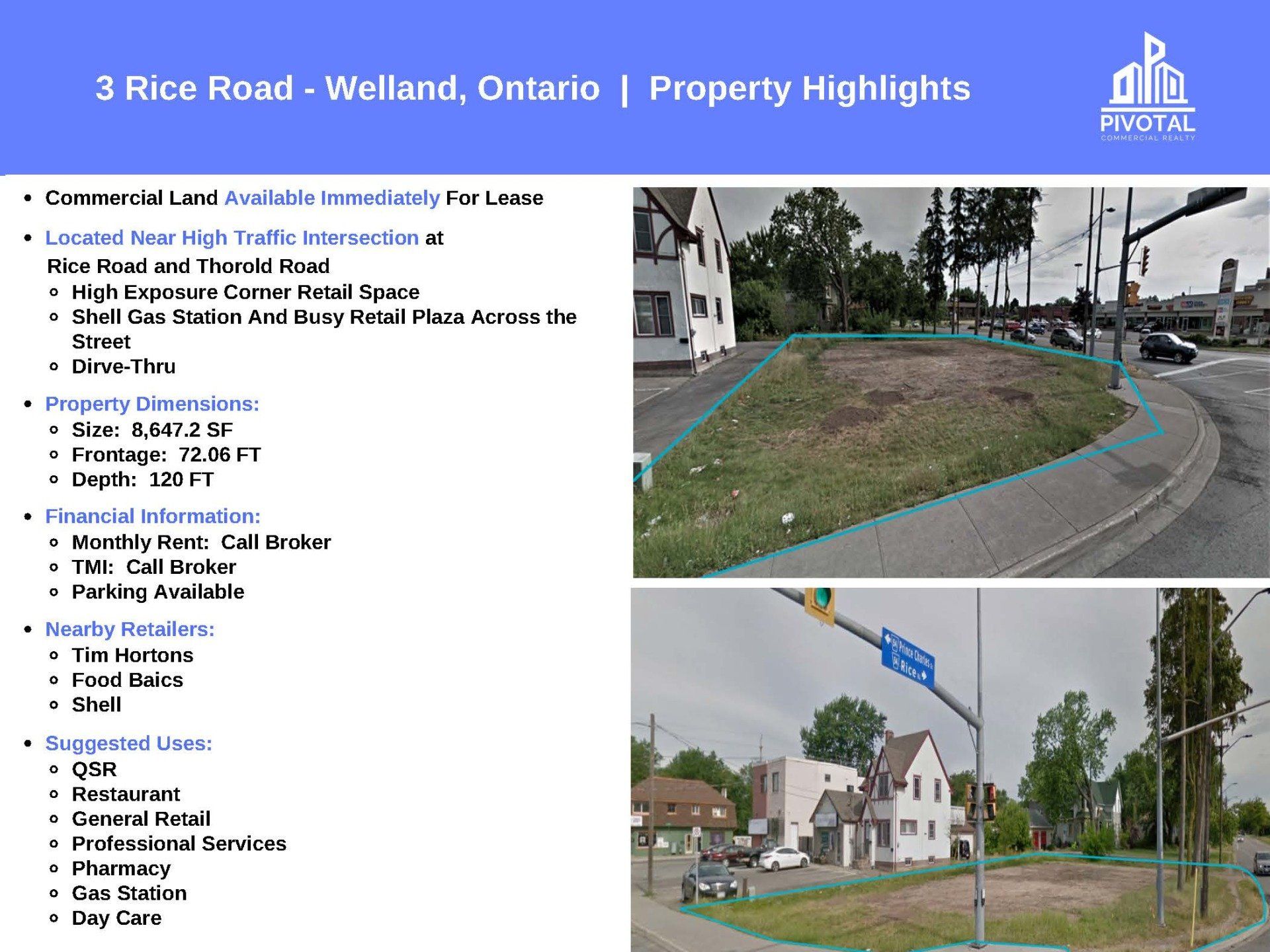 A flyer for a commercial property lease at 3 Rice Road, Welland, Ontario, showing site details and photos of the lot.