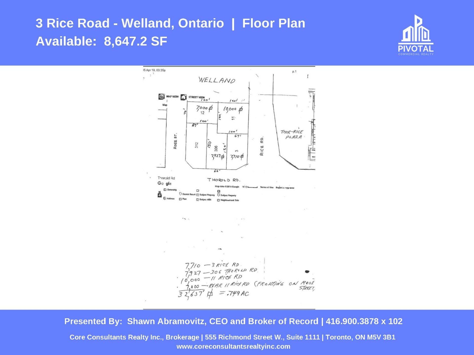 Floor plan for 3 Rice Road, Welland, Ontario, showing 8,647.2 SF of available commercial space, presented by Core Realty.