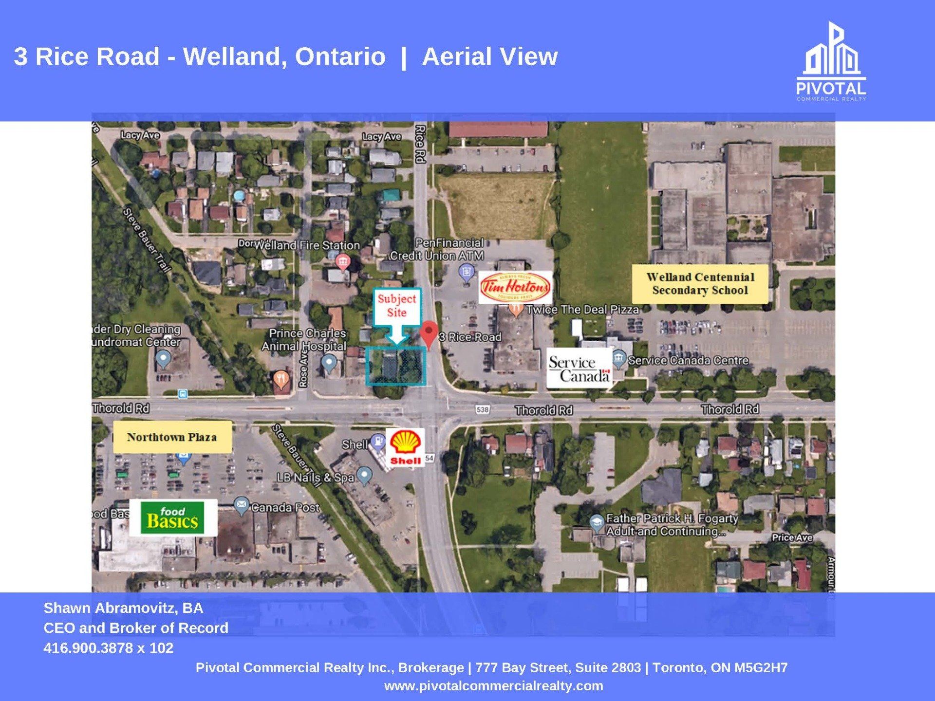 Aerial map view of 3 Rice Road in Welland, Ontario, showing nearby businesses, landmarks, and surrounding streets.