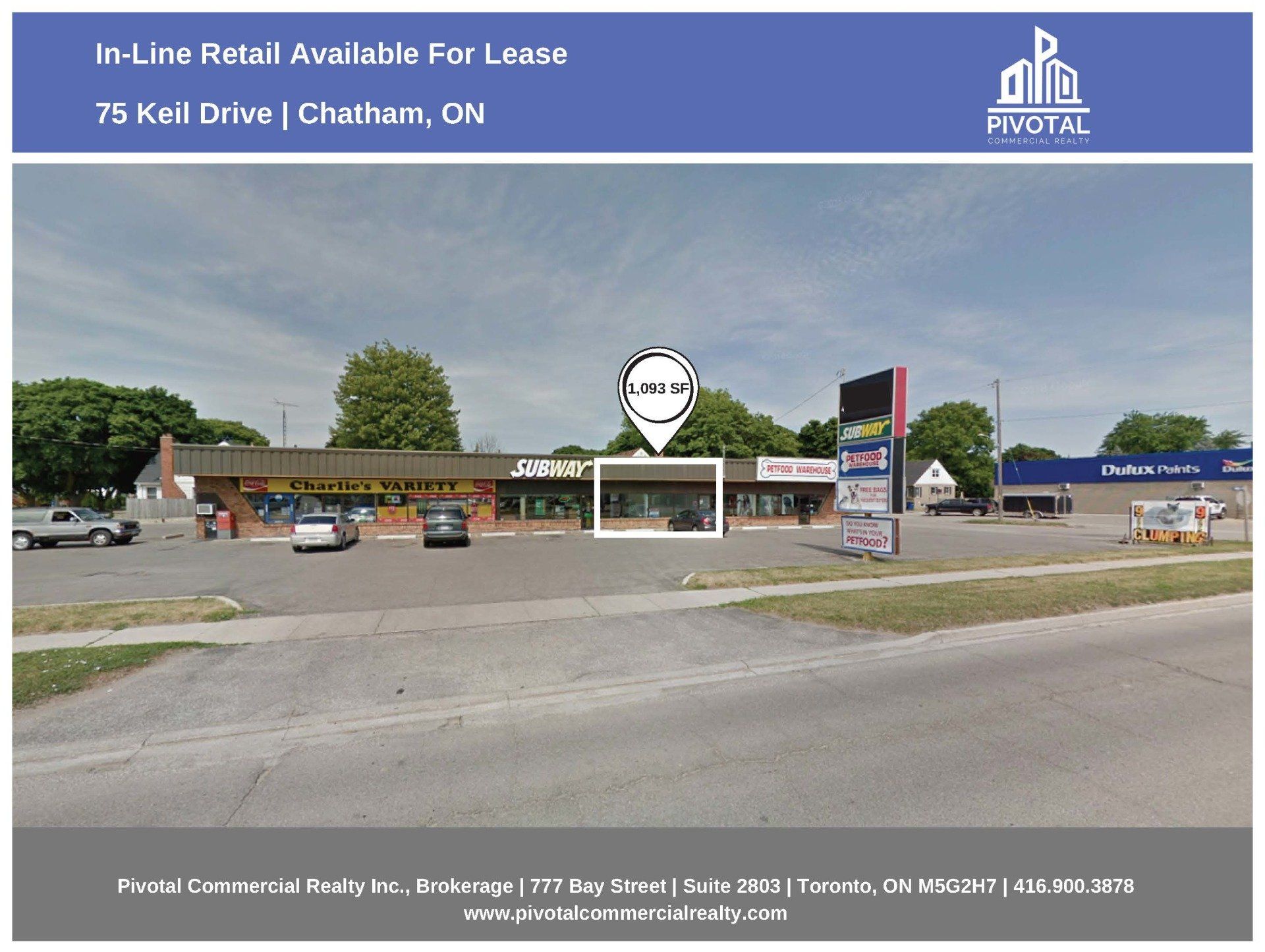 An in-line retail property available for lease at 75 Keil Drive, Chatham, ON, featuring a highlighted vacant storefront.