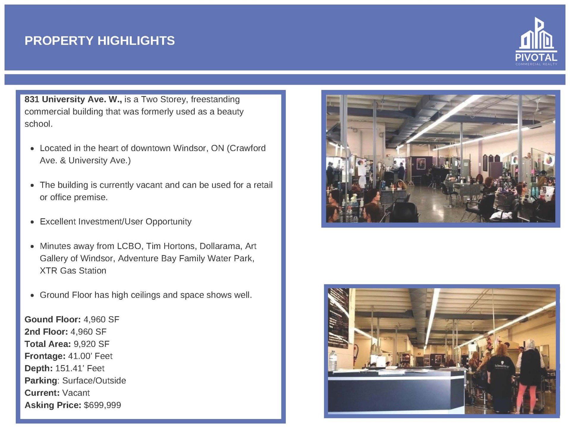 A property highlights flyer for 311 University Ave, featuring building specs and two photos of a salon-style interior.