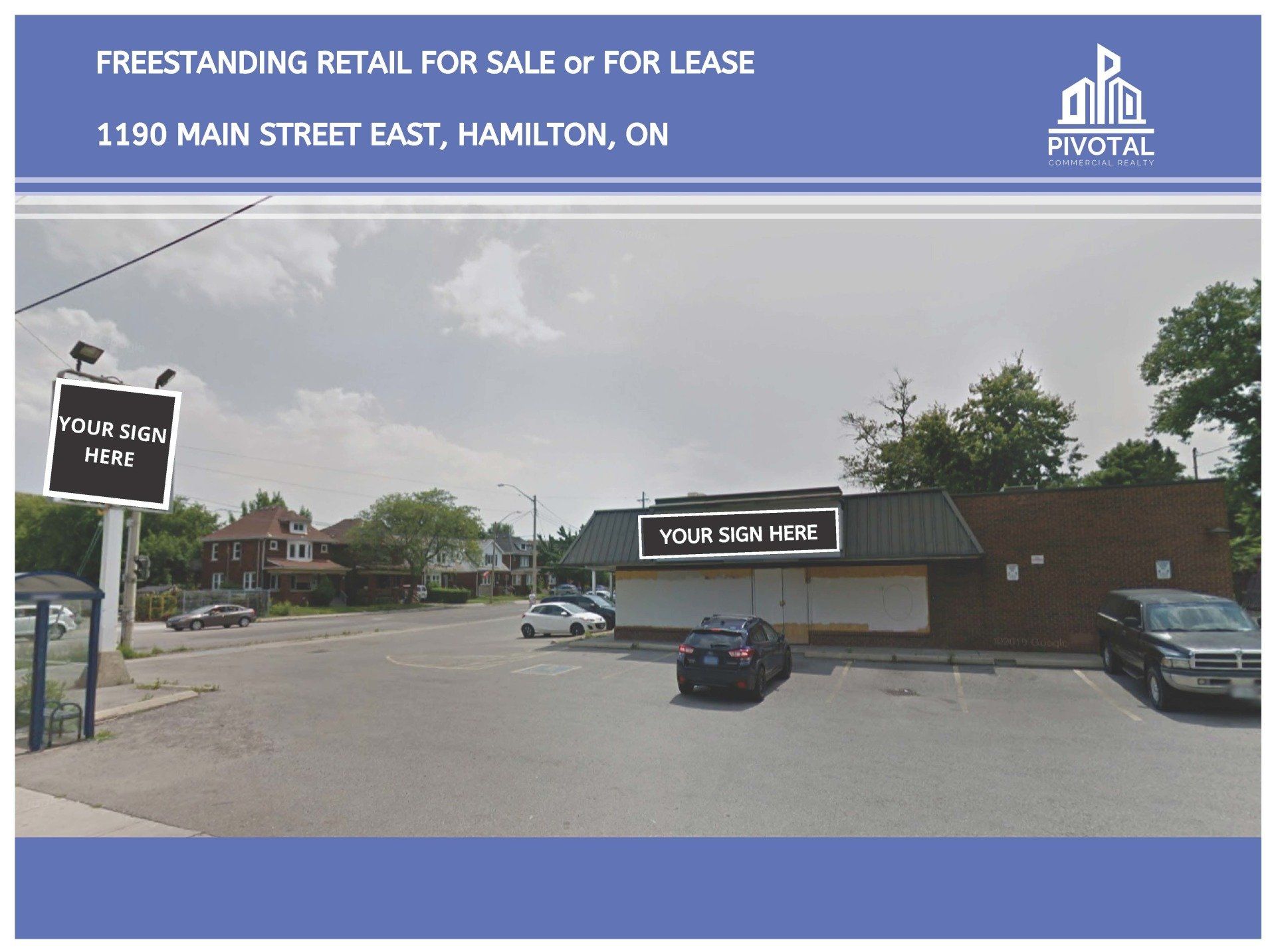 A freestanding retail property for sale or lease at 1190 Main Street East, Hamilton, ON, showing a parking lot and building.