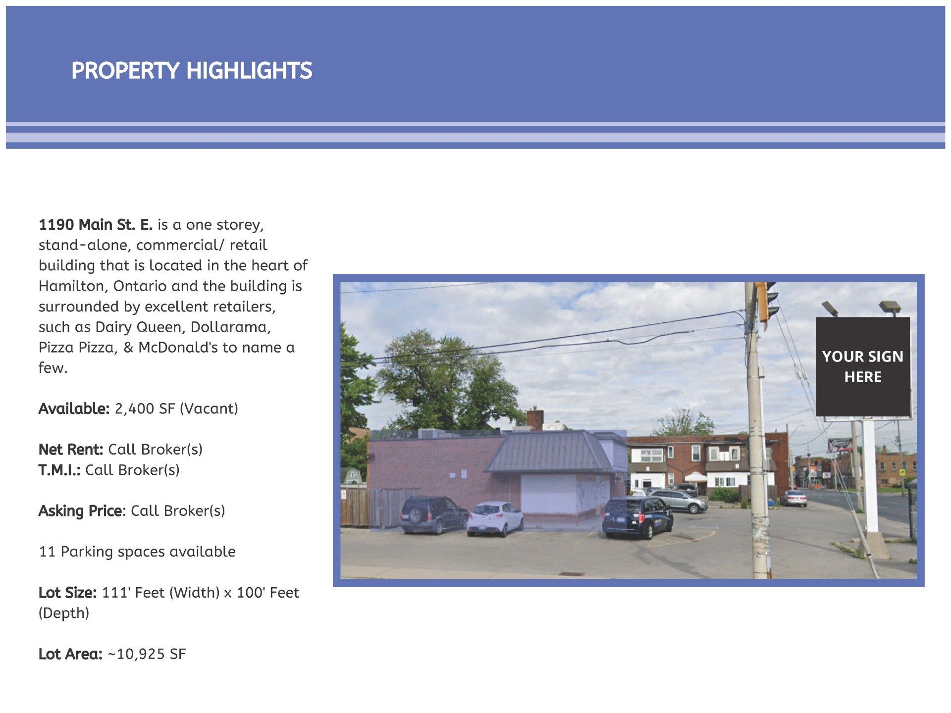 A commercial property listing flyer for 1590 Main St. E., featuring a building photo and key specifications.