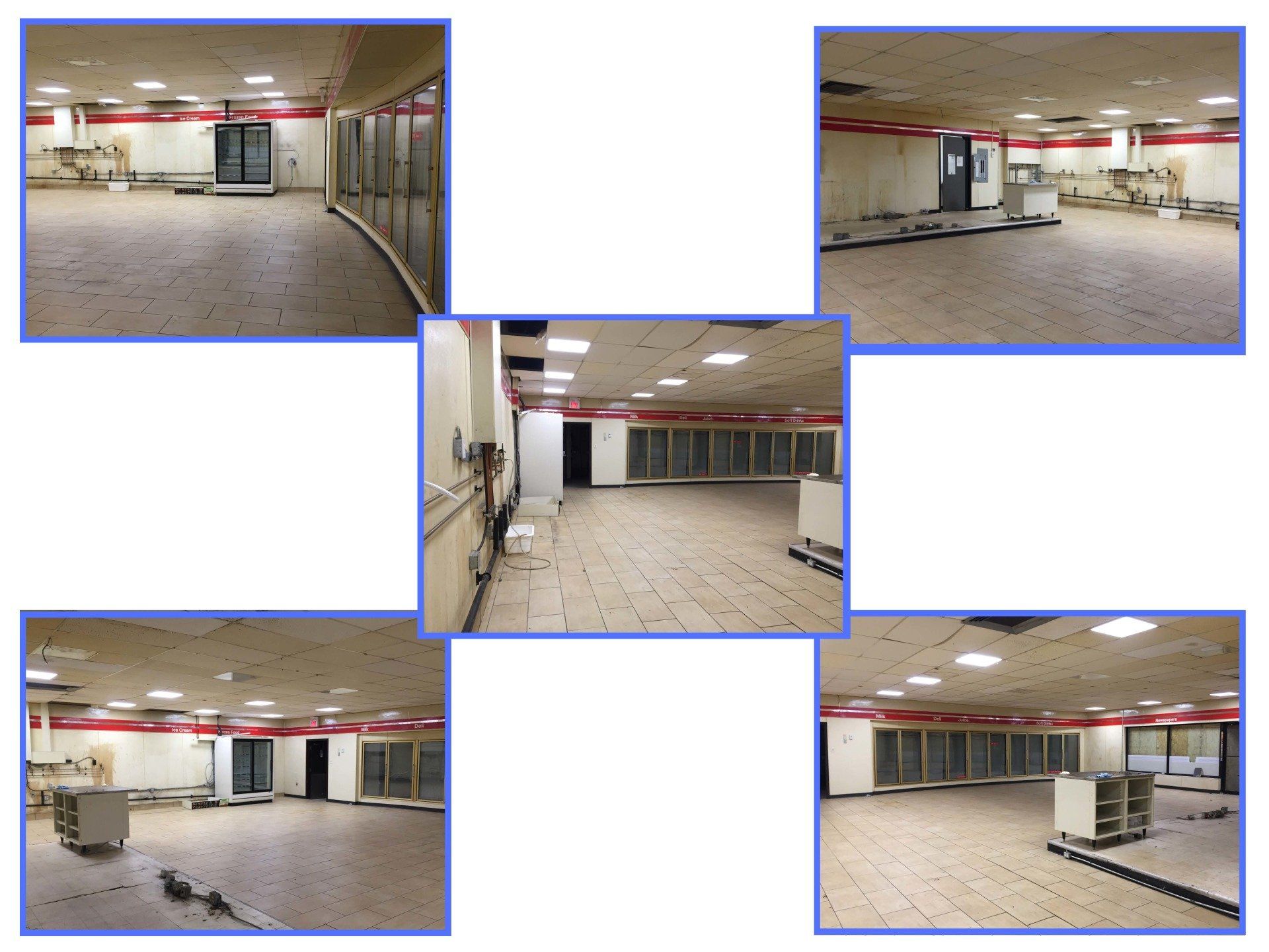 Five photos of an empty commercial retail space featuring tiled floors, drop ceilings, and refrigerated display cases.