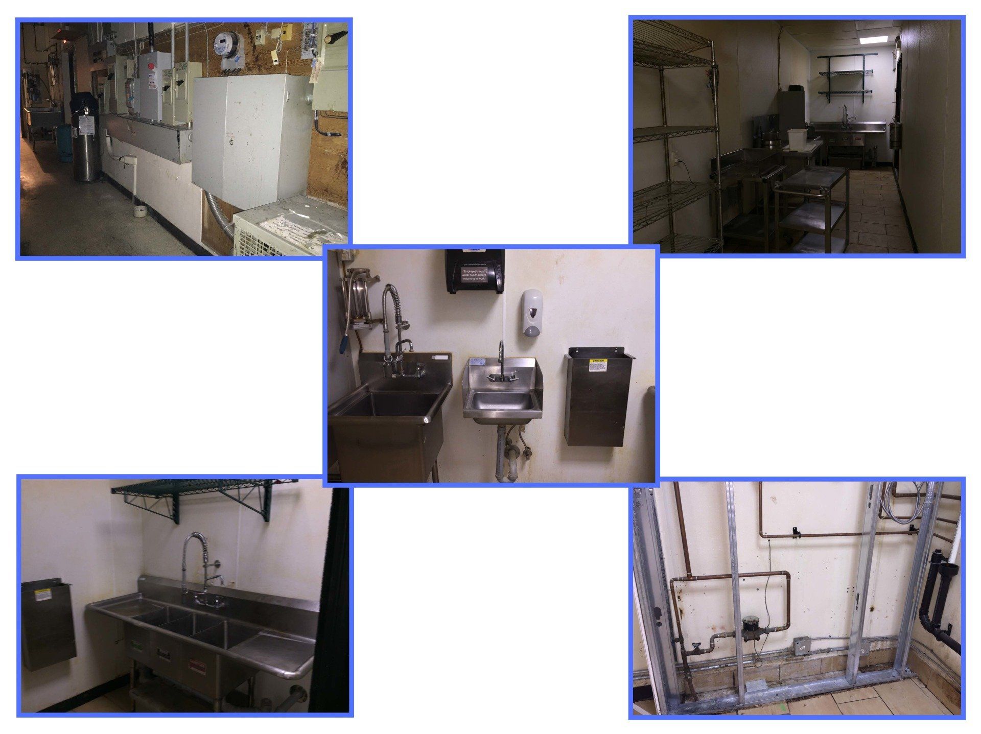 A collage showing a commercial kitchen space with stainless steel sinks, plumbing fixtures, work tables, and shelving.