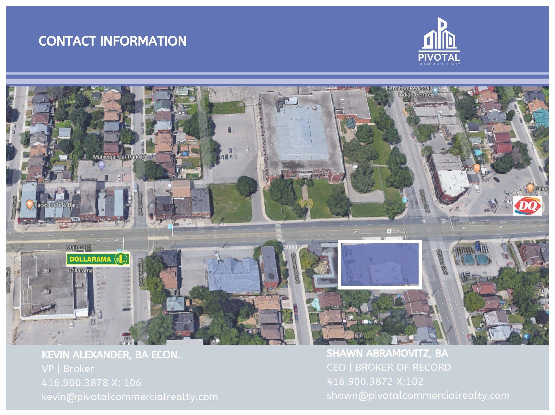 Aerial view of a commercial property with a site map, contact information, and logos for Pivotal Commercial Realty.