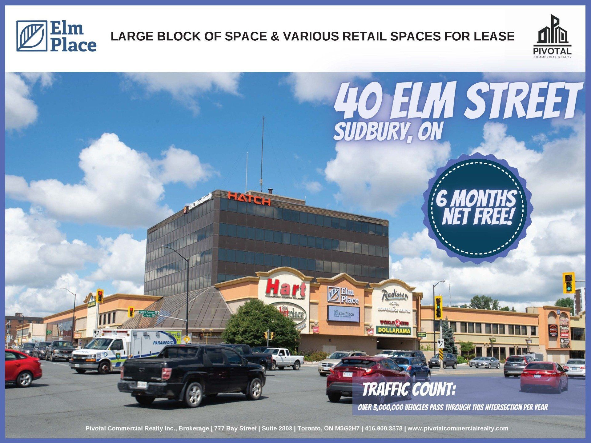 A commercial real estate ad for 40 Elm Street in Sudbury, ON, showing the building exterior with a 6 months net free offer.