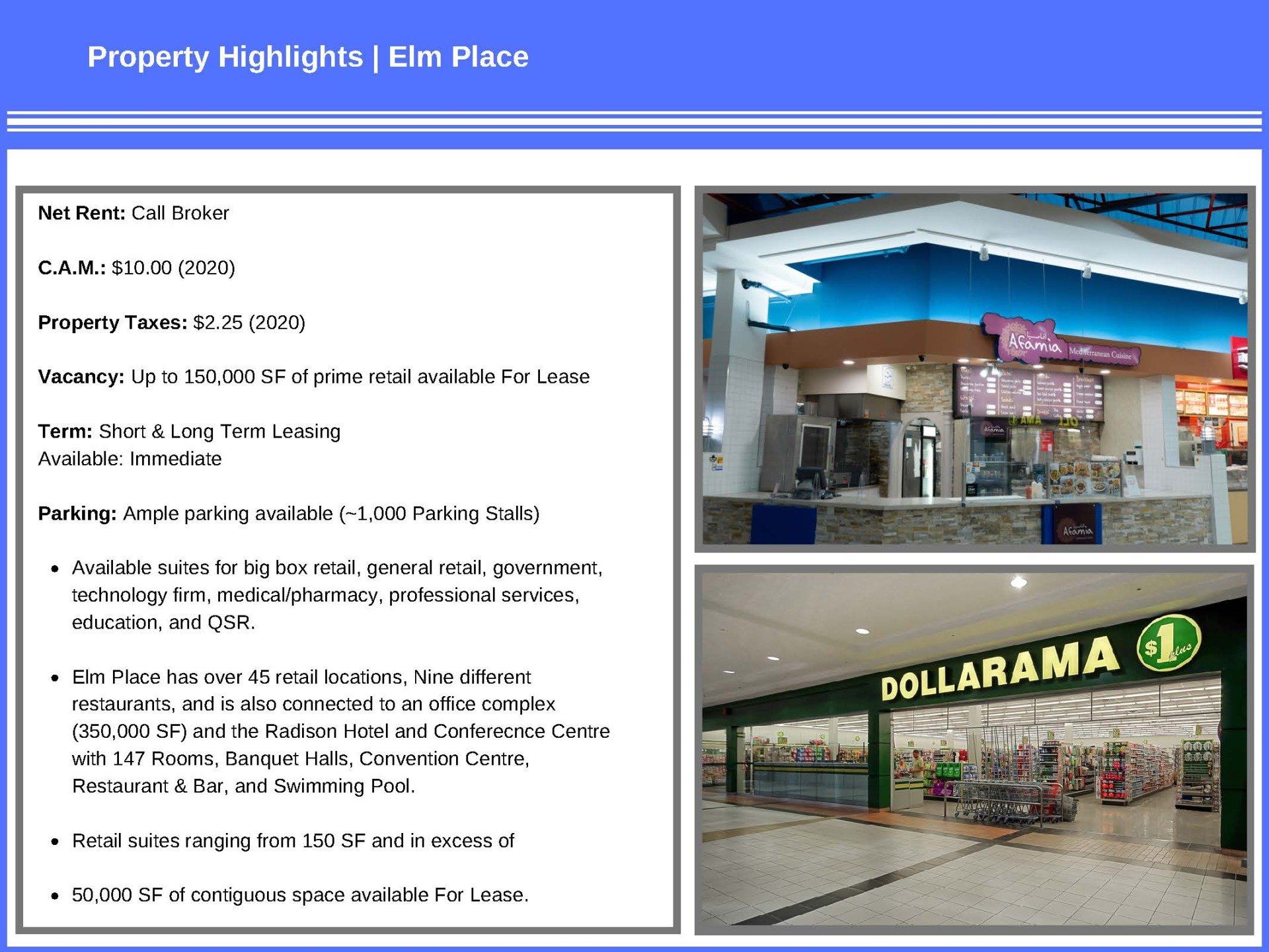 Property highlights for Elm Place, including leasing details and photos of a food court and a Dollarama store.