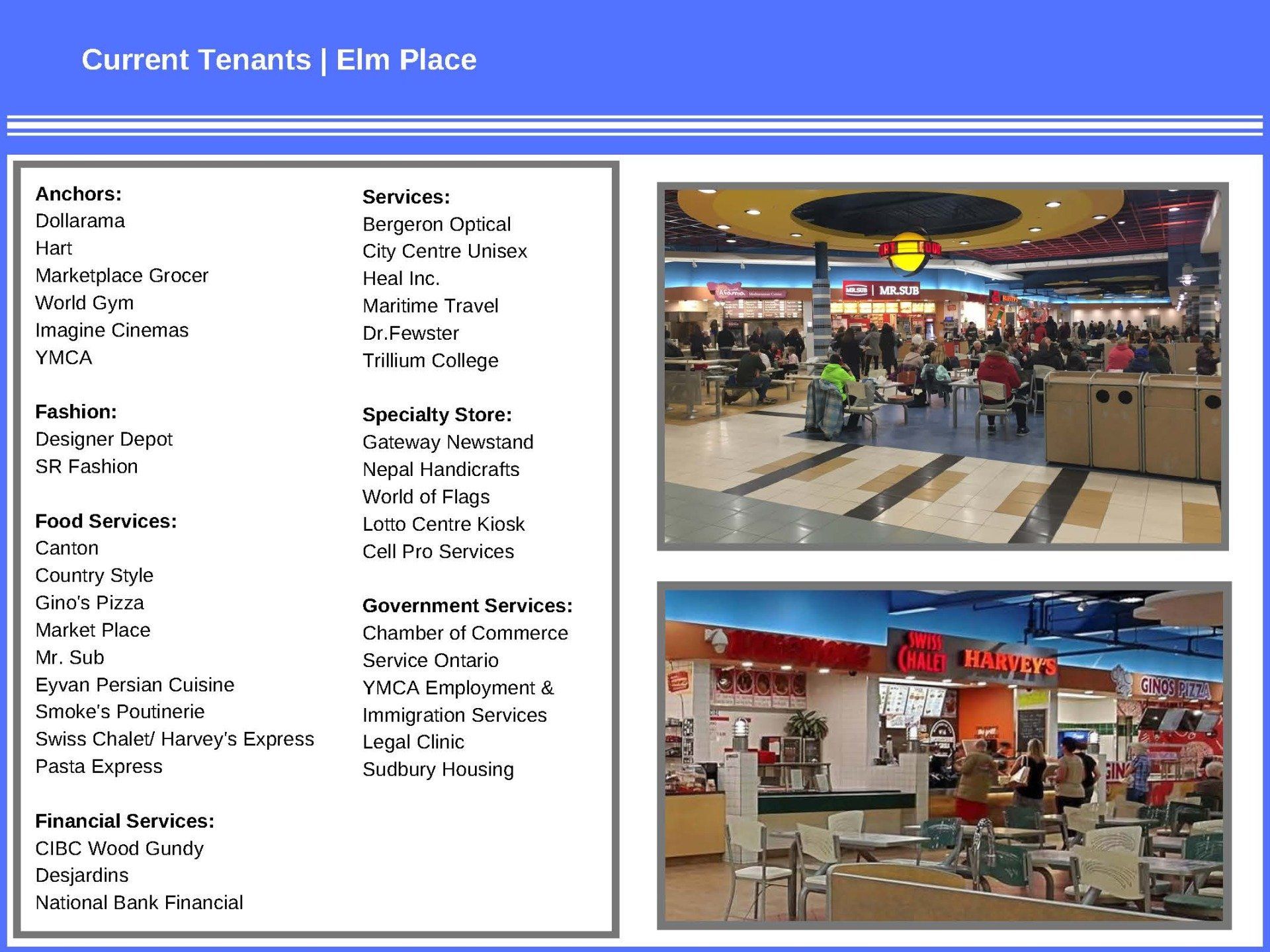 List of current tenants at Elm Place, categorized by service type, alongside two photos of the indoor shopping mall.