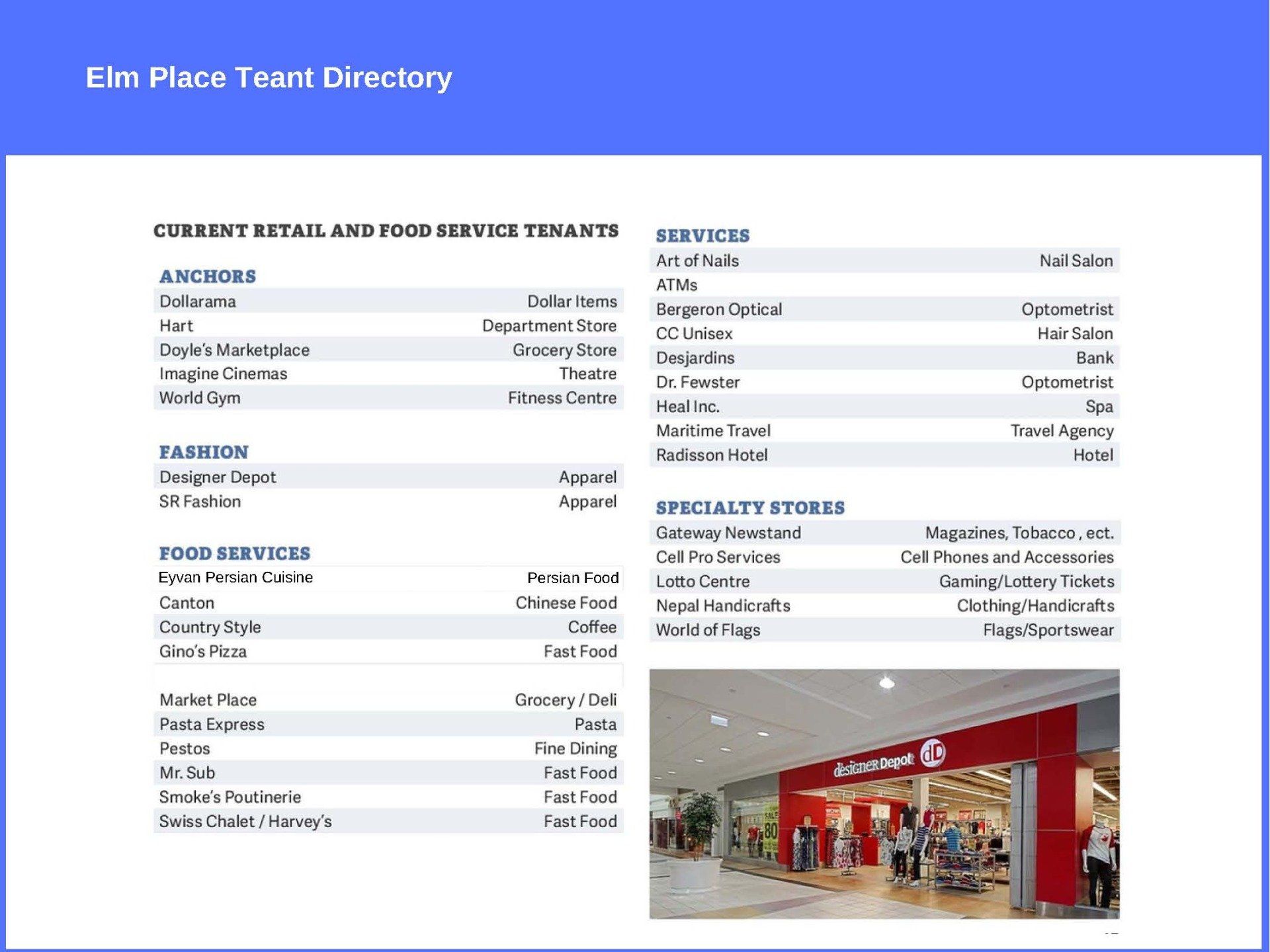 A directory for Elm Place showing categories of retail, food service, and specialty stores with a photo of a store front.