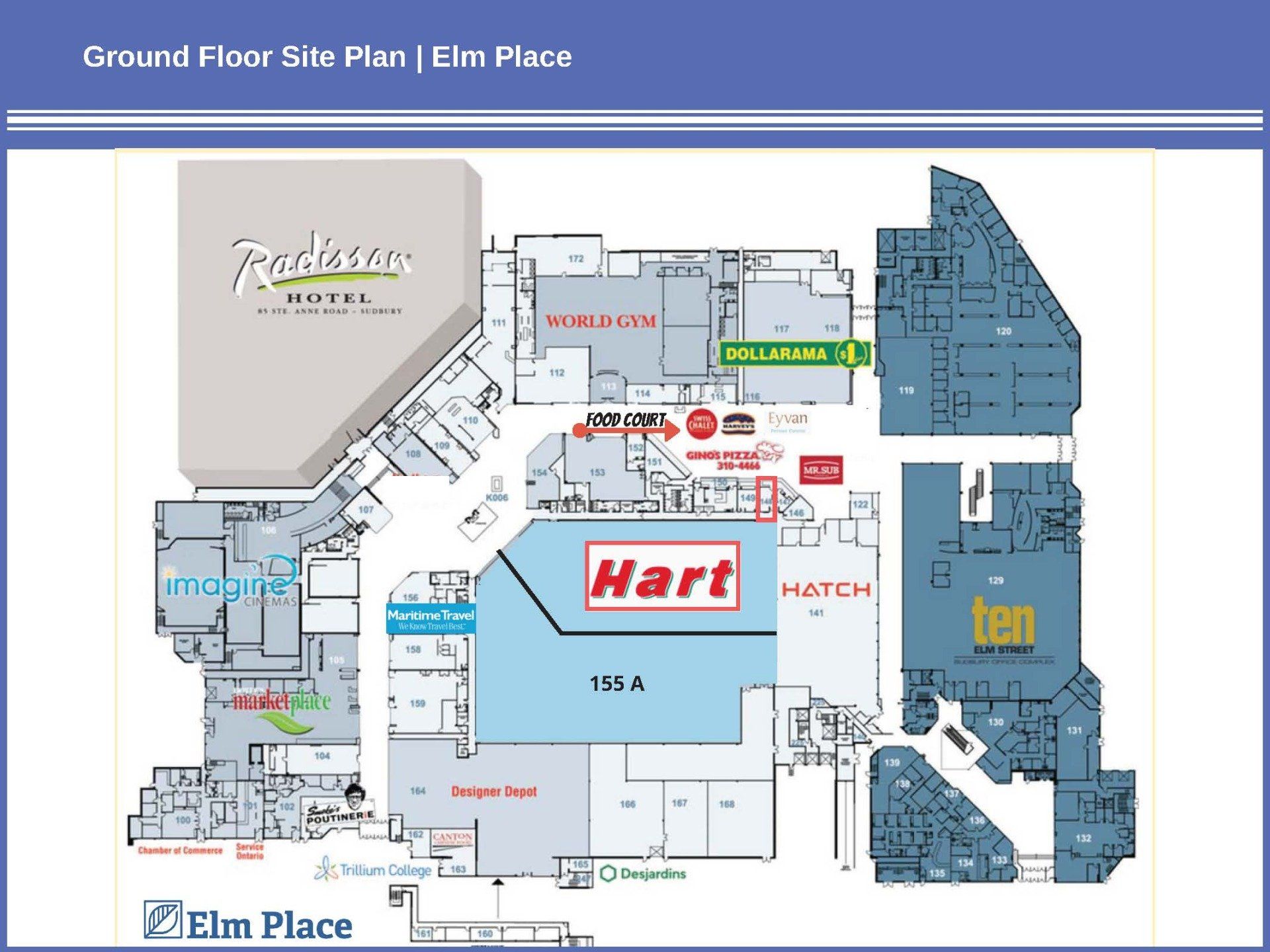 Ground floor site plan for Elm Place, illustrating building layout, tenant locations, and entrance areas.