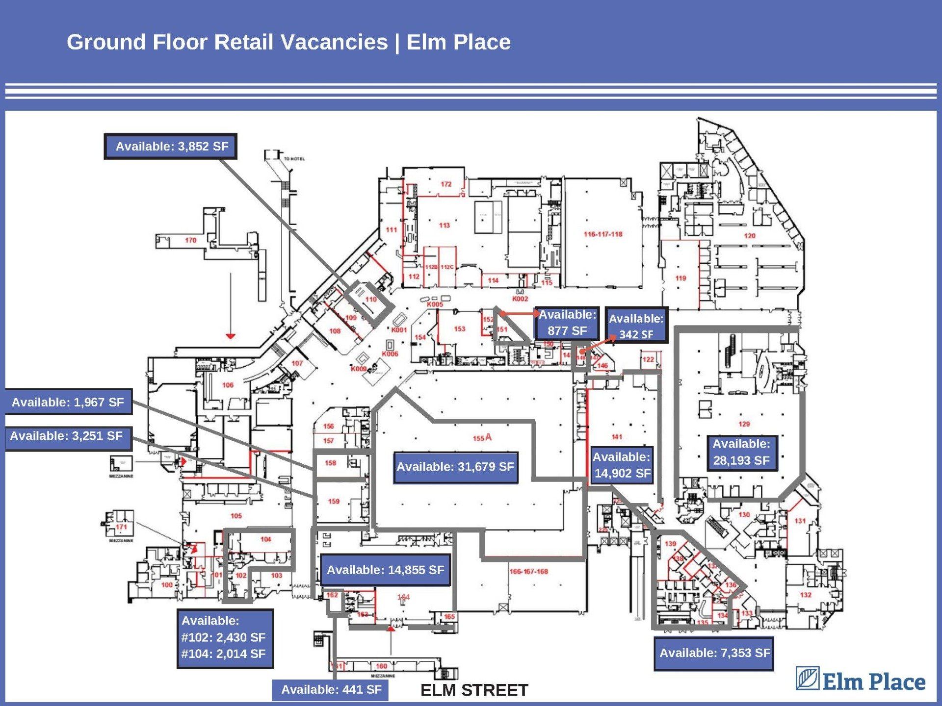 Floor plan of Elm Place showing multiple vacant retail spaces with square footage labels for each area.