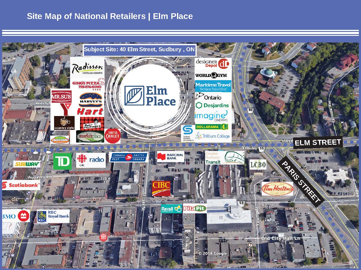 A site map of Elm Place in Sudbury, Ontario, showing various retail logos overlaid on an aerial city view.