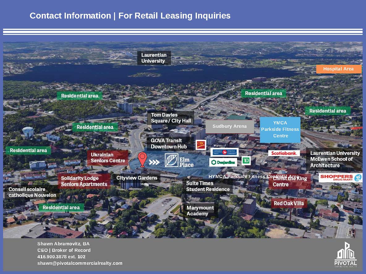 Aerial view of a town with labels pointing to various businesses, landmarks, and parking, intended for retail leasing.