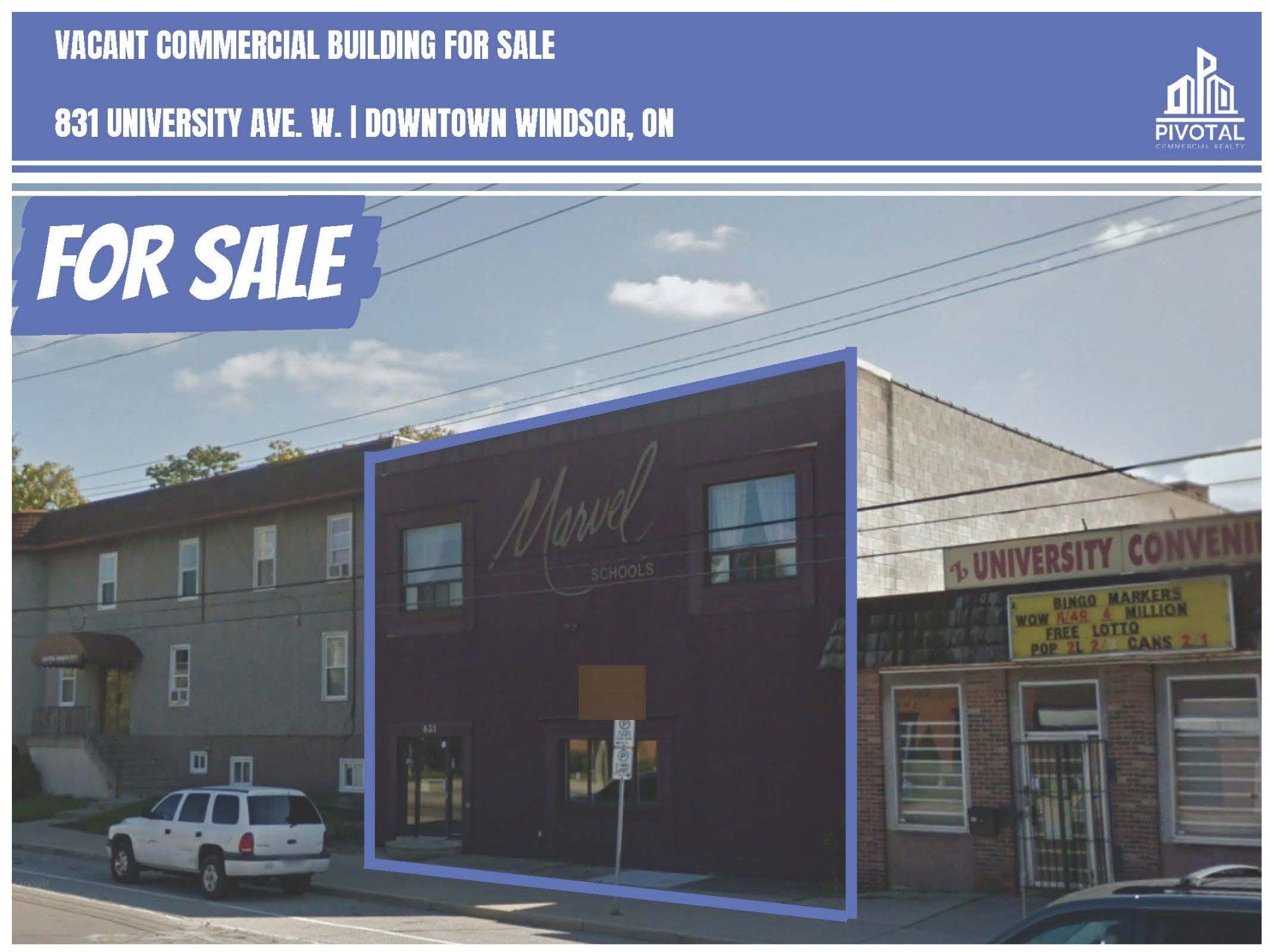 A commercial building for sale on University Ave W in downtown Windsor, marked by a blue outline on a purple facade.