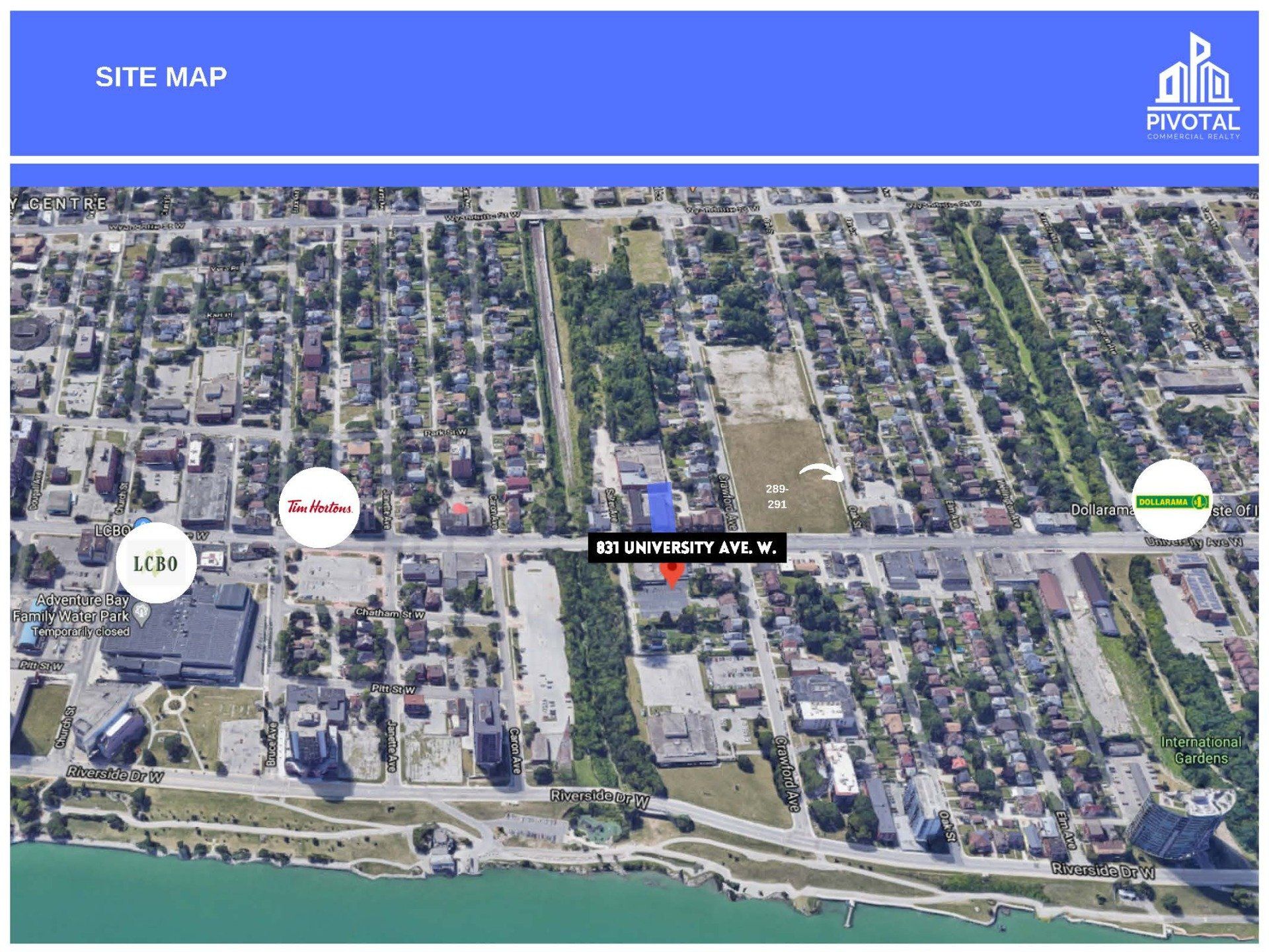 Aerial site map of residential and commercial streets by a waterfront, featuring branded icons along a main road.