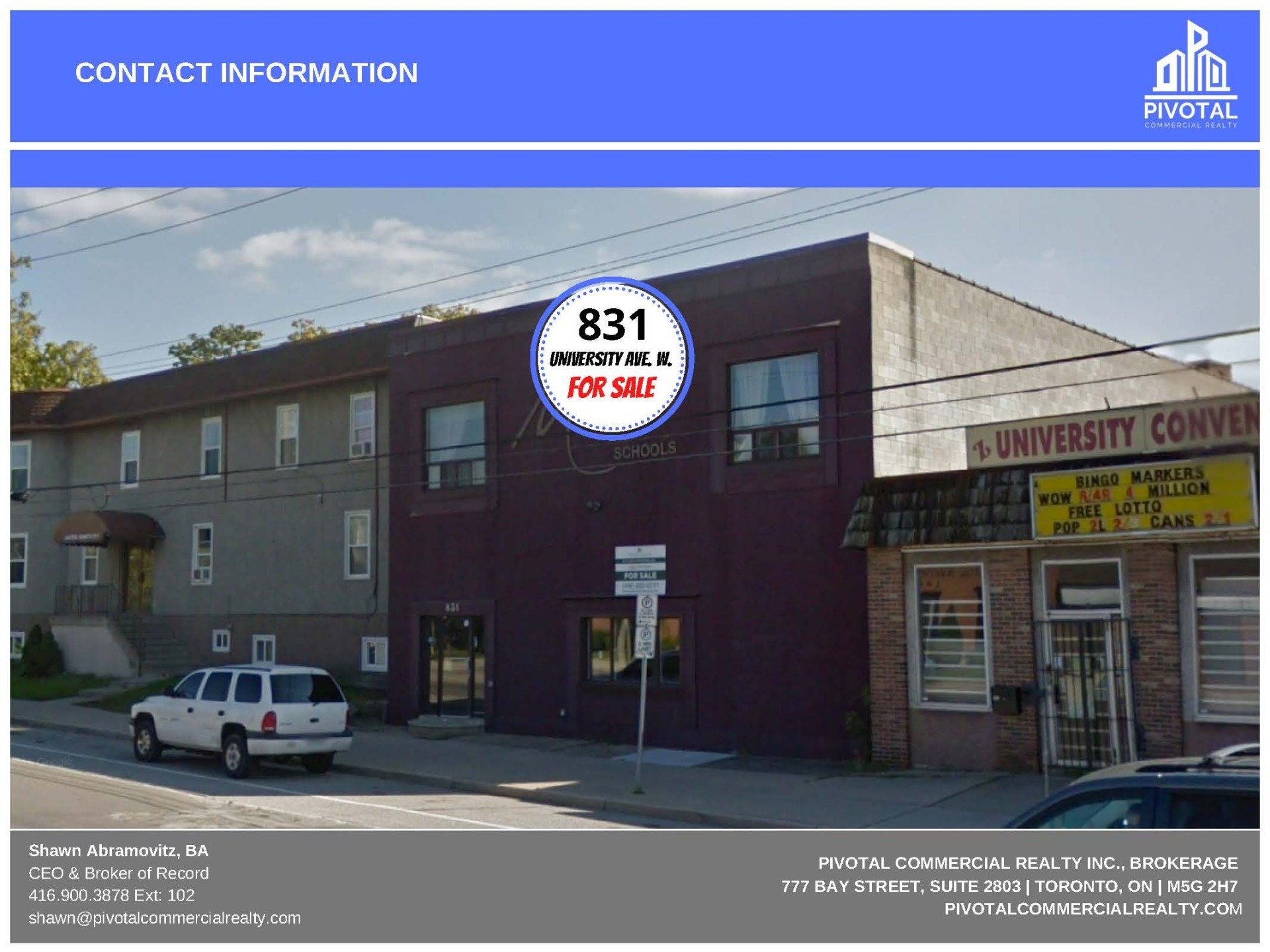 A real estate flyer featuring a purple commercial building for sale with contact information for Pivotals at the bottom.