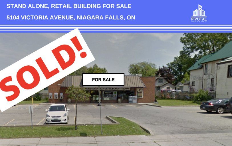 A retail building for sale at 5104 Victoria Avenue, Niagara Falls, ON, featuring a parking lot and a 