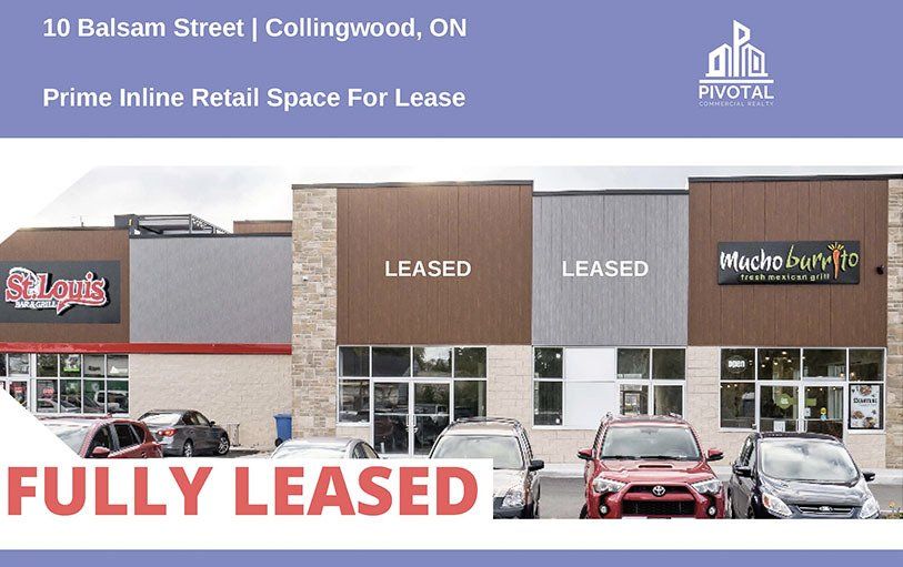 A retail plaza at 10 Balsam Street in Collingwood, ON, featuring several storefronts and a 