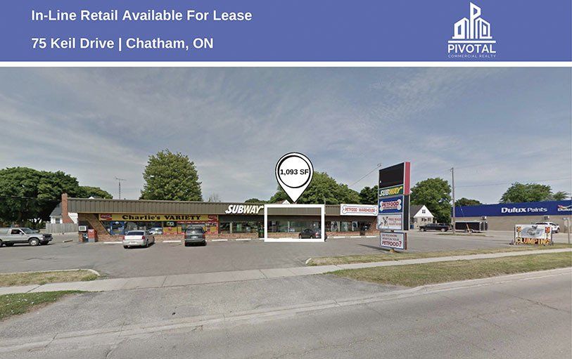 A retail strip mall at 75 Keil Drive, Chatham, ON, with a white box outlining a vacant space available for lease.
