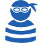 Blue icon of a person wearing a mask and striped shirt, representing a thief.
