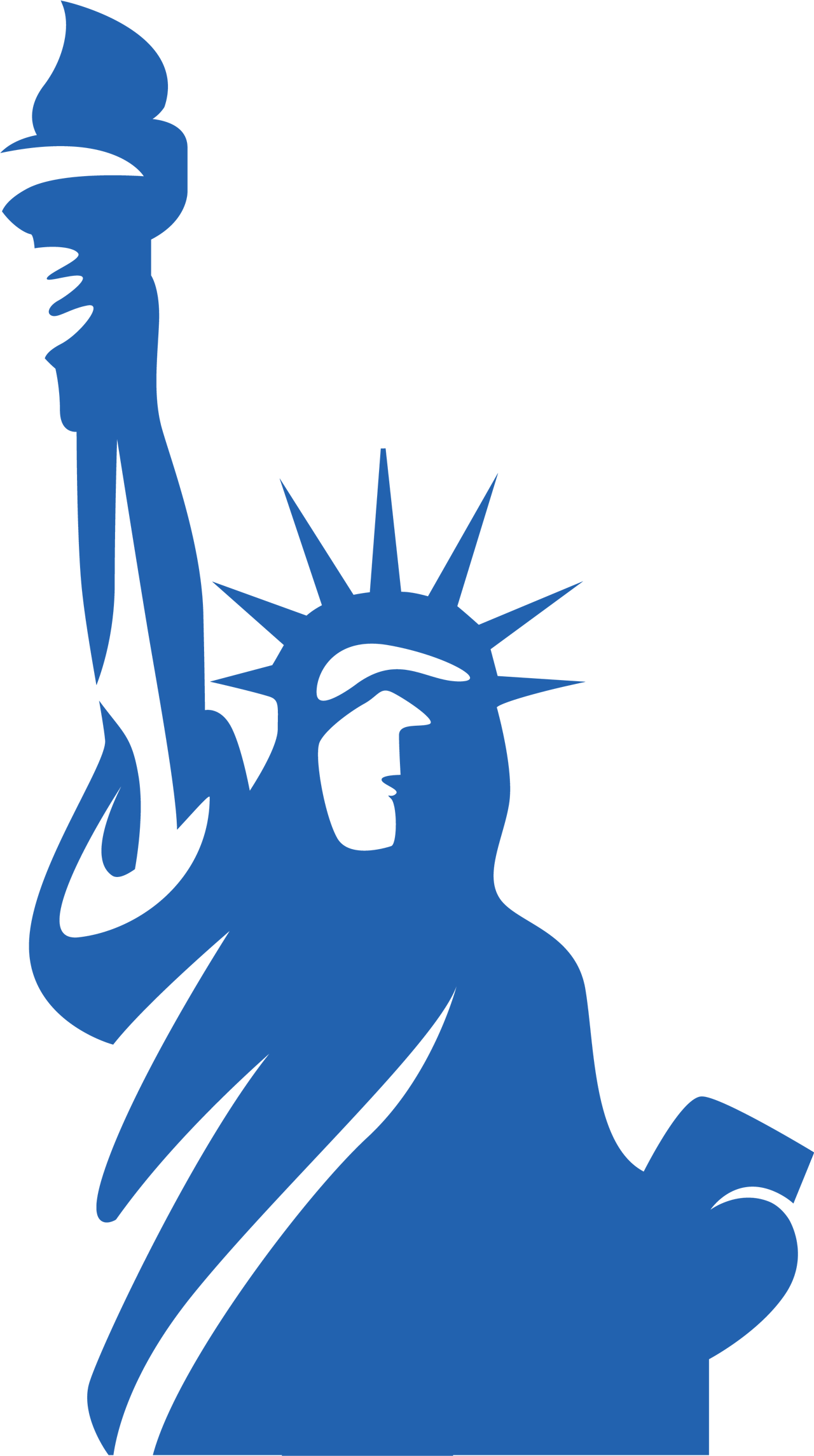Statue of Liberty silhouette in blue, holding a torch, against a white background.