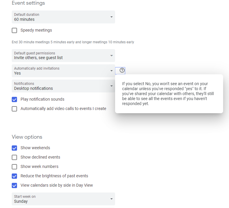 Setting menu in Google Calendar