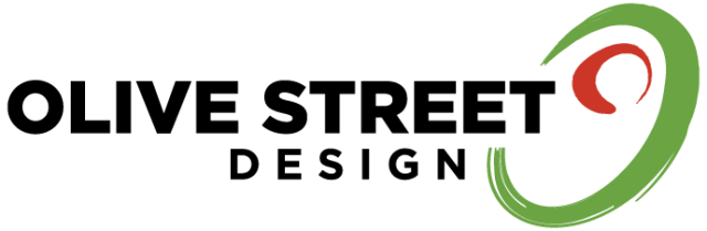 The logo for olive street design is a green and red circle.