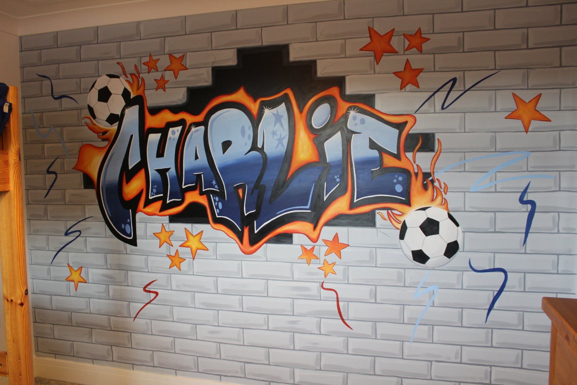Charlie kids room graffiti style mural fire flames football 