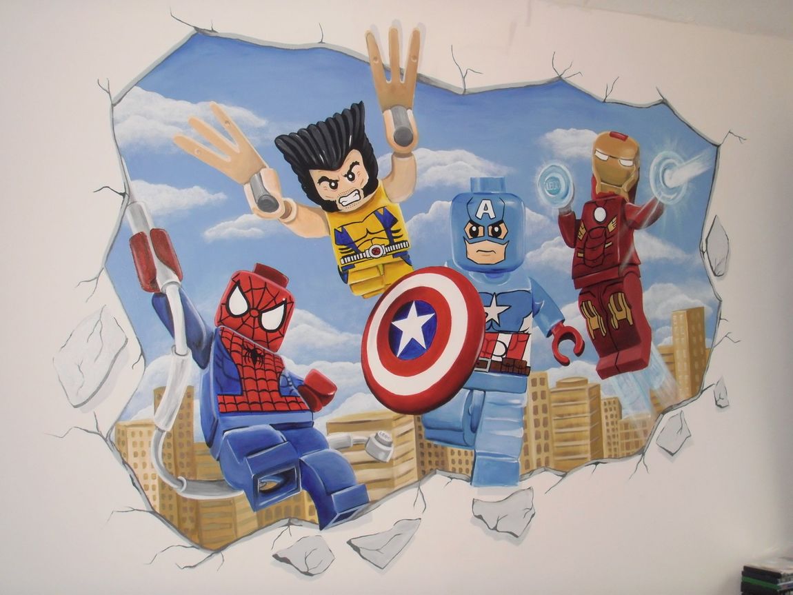 Lego avengers mural bursting through the wall captain america iron man wolverine spiderman city scene
