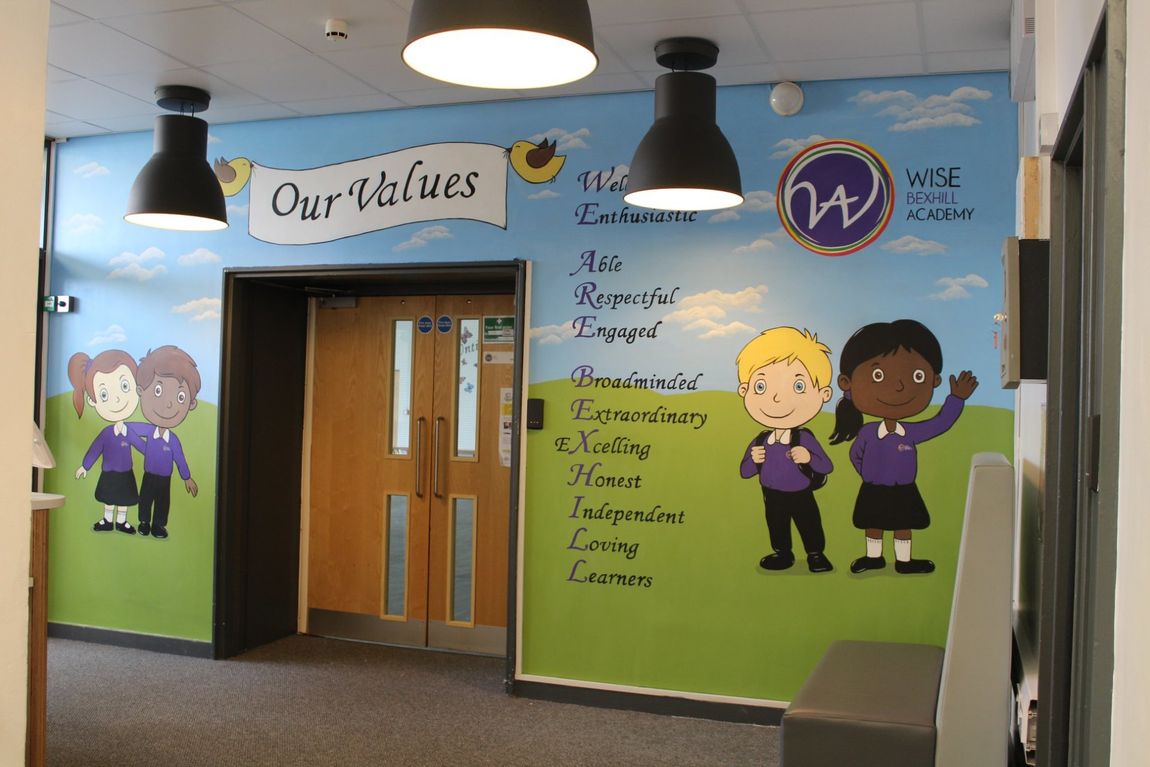 Hand painted primary Stockton Teesside north east England UK Bexhill primary murals our values as a welcoming entrance 