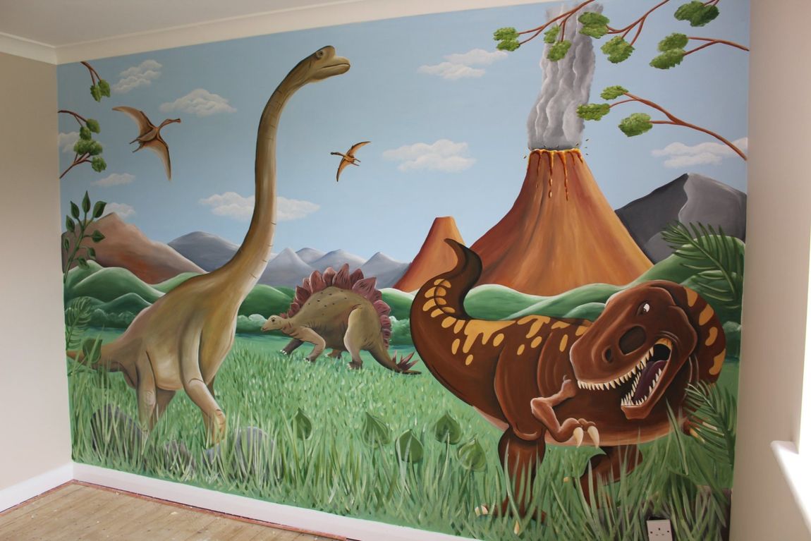 kids dinosaur mural with volcano bedroom decor boys girls dino scene
