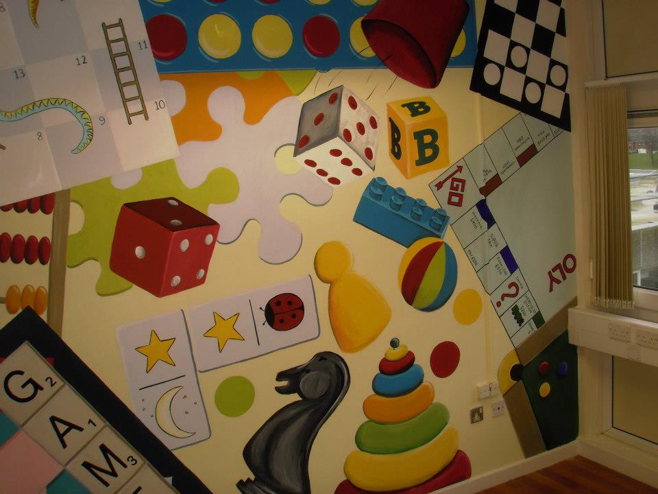 Games mural in NHS North Tees hospital occupational therapy draughts monopoly jigsaws