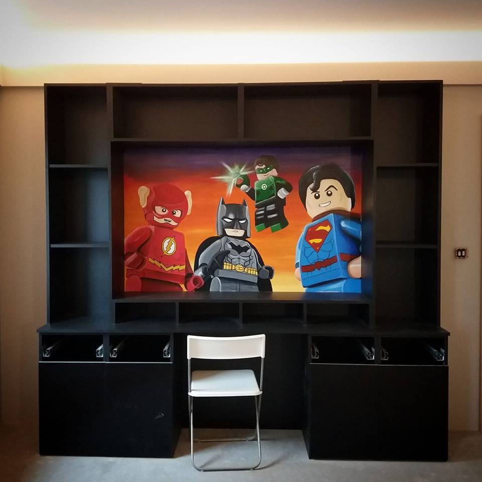 Lego superhero kids room mural inside shelving superman batman 