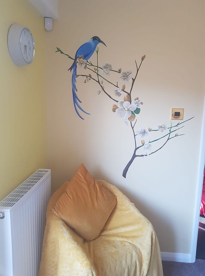 bird on a branch floral mural in customers home