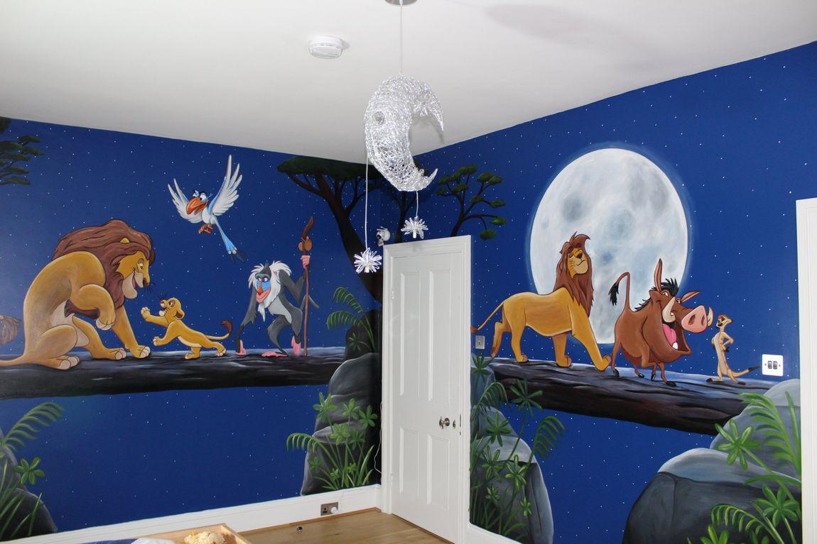 Hand painted primary school Teesside north east England UK kids bedroom the lion king mural evening scene with moon