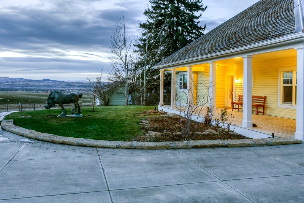 A statue of a horse is in front of a house