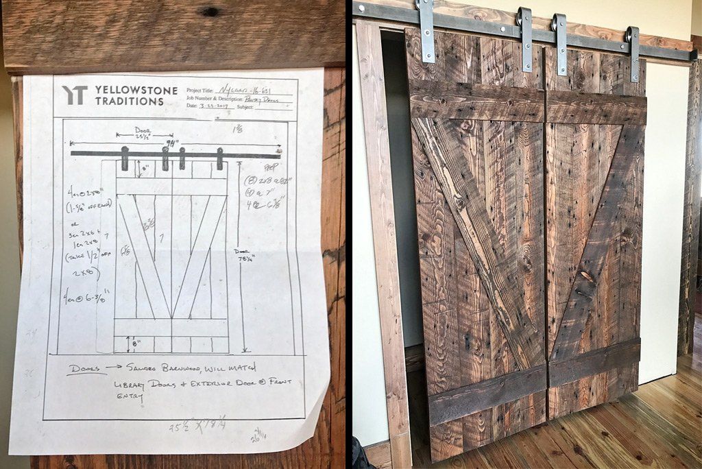 A drawing of a sliding barn door next to a picture of it