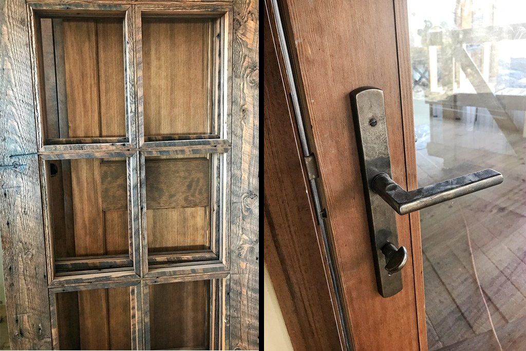 A close up of a wooden door and a close up of a door handle.