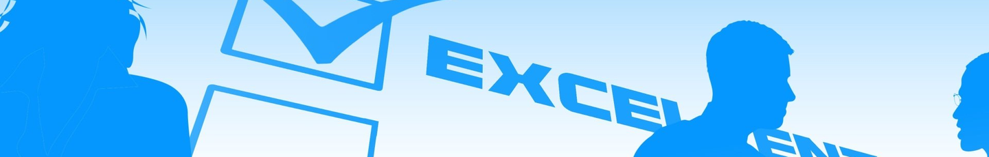 Blaues Banner mit dem EXCEL-Logo und Silhouetten von Personen in einem Firmenumfeld