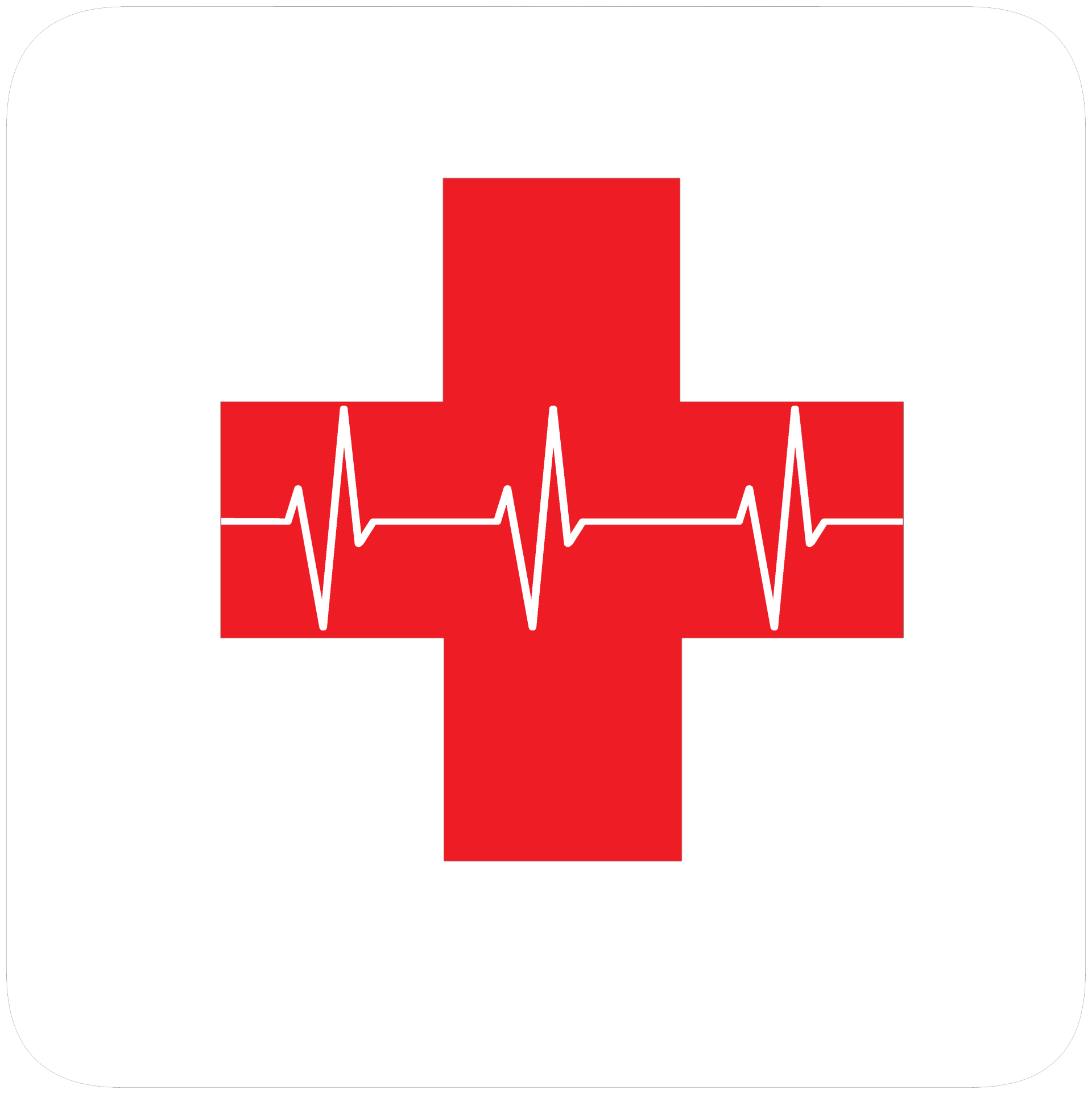 Rotes medizinisches Kreuz mit einem weißen Herzschlagstrich in der Mitte